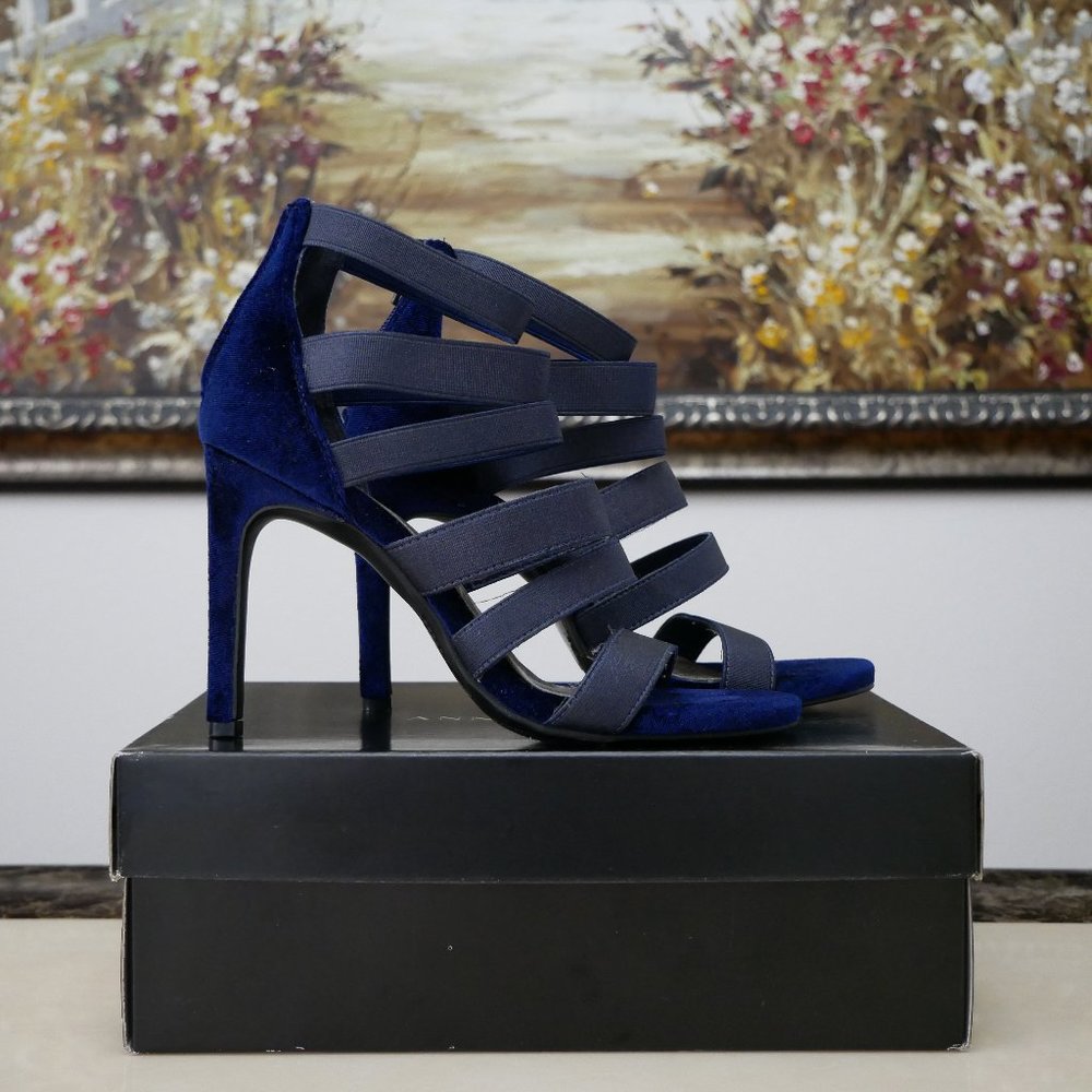 NWOT ANN MARINO Blue Velvet Caged Sandals